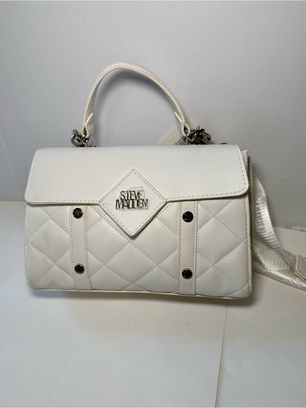 Steve Madden White Quilted Top Handle Crossbody Bag With Strap Pouch NWT